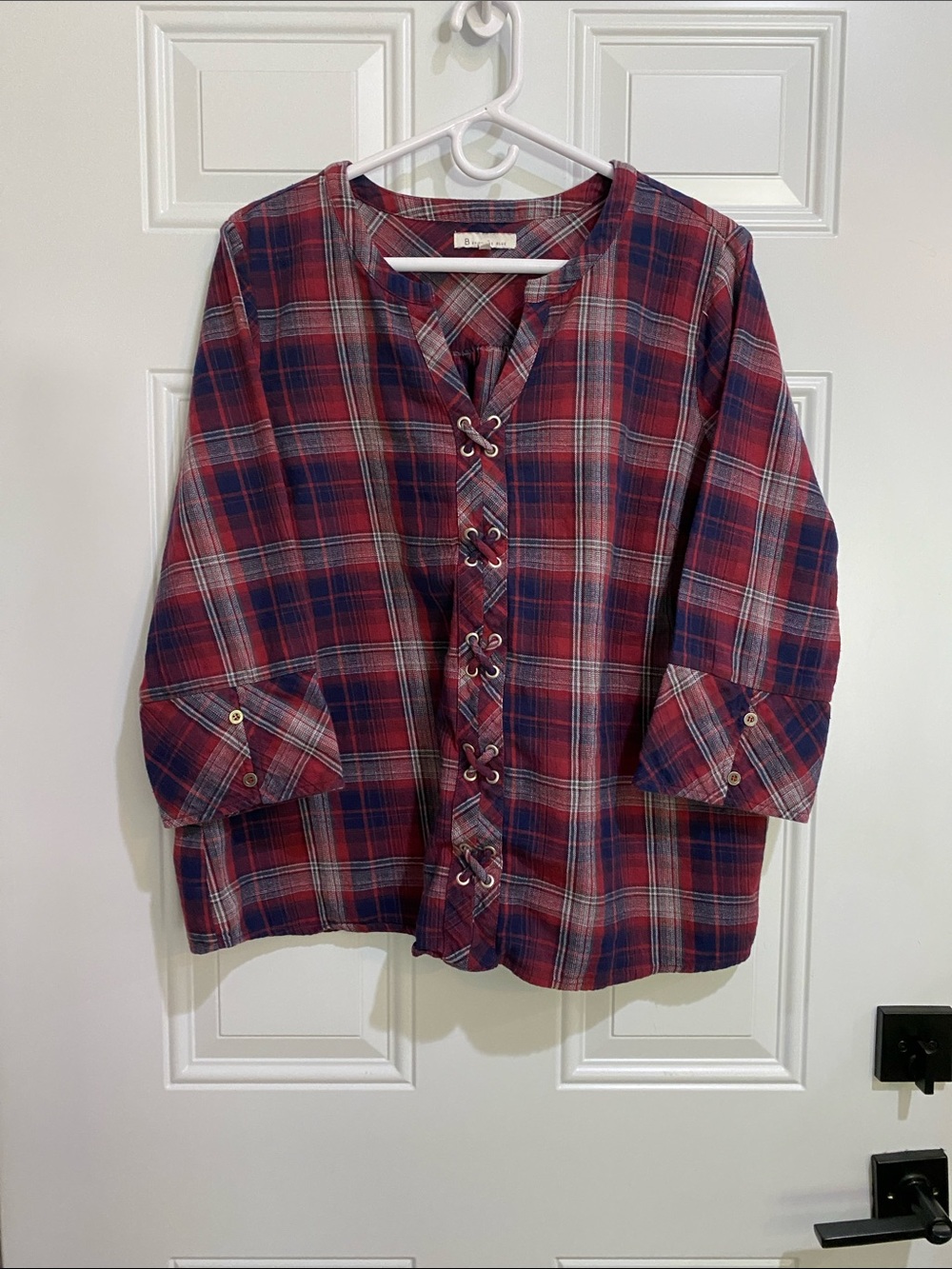 Skies Are Blue Red and Blue Plaid Lace-Up Button Front Blouse